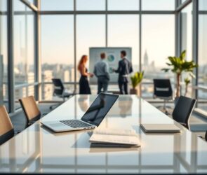 A photorealistic wide-angle view of a modern, minimalist office in Germany. A sleek glass desk with a laptop, a paperless filing system, and a digital tablet. In the background, blurred silhouettes of professionals collaborating near a smart whiteboard and ergonomic chairs. Natural daylight from floor-to-ceiling windows, with a subtle view of a German city skyline. Clean lines, neutral tones with subtle green plants, evoking efficiency, digital transformation, and a professional 2026 work environment. No text, no visible faces, 16:9 aspect ratio.