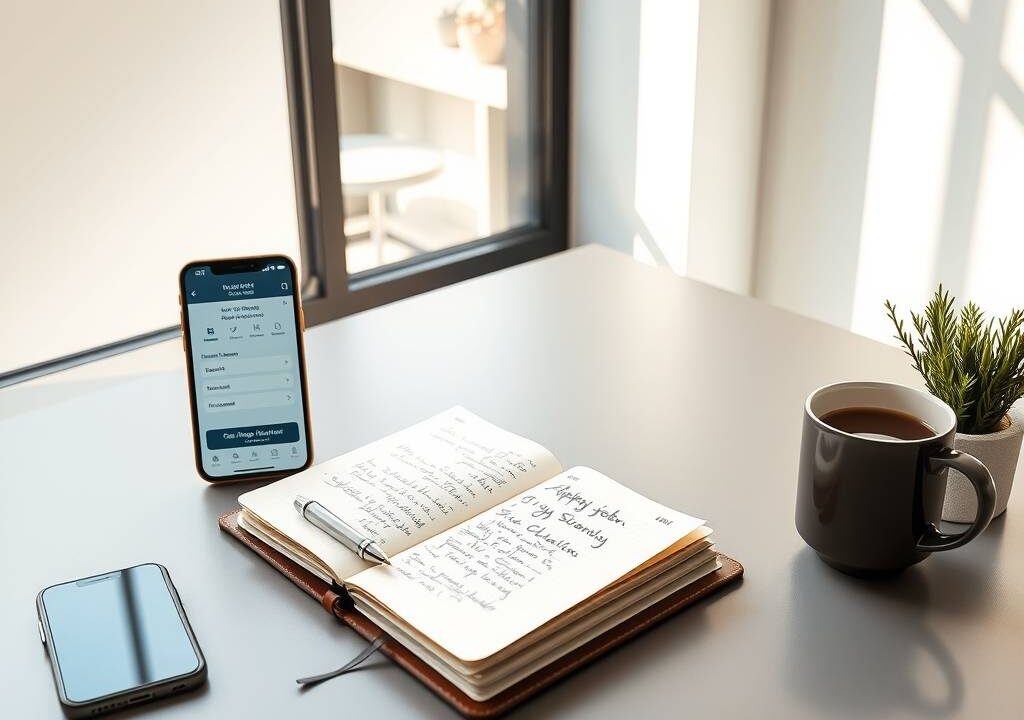 A photorealistic wide shot in 16:9 format. A sleek, modern desk setup in a bright, minimalist office. In the center, an open leather-bound notebook with handwritten notes and a silver pen resting on it. To the left, a smartphone showing a job application portal. To the right, a cup of coffee and a small potted plant. Soft sunlight streams through a large window behind, casting warm shadows. No people, no text, no faces.