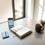 A photorealistic wide shot in 16:9 format. A sleek, modern desk setup in a bright, minimalist office. In the center, an open leather-bound notebook with handwritten notes and a silver pen resting on it. To the left, a smartphone showing a job application portal. To the right, a cup of coffee and a small potted plant. Soft sunlight streams through a large window behind, casting warm shadows. No people, no text, no faces.