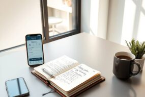 A photorealistic wide shot in 16:9 format. A sleek, modern desk setup in a bright, minimalist office. In the center, an open leather-bound notebook with handwritten notes and a silver pen resting on it. To the left, a smartphone showing a job application portal. To the right, a cup of coffee and a small potted plant. Soft sunlight streams through a large window behind, casting warm shadows. No people, no text, no faces.