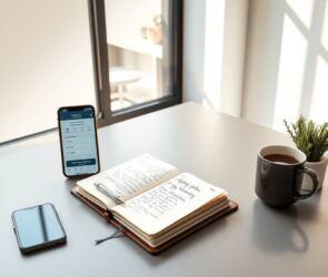 A photorealistic wide shot in 16:9 format. A sleek, modern desk setup in a bright, minimalist office. In the center, an open leather-bound notebook with handwritten notes and a silver pen resting on it. To the left, a smartphone showing a job application portal. To the right, a cup of coffee and a small potted plant. Soft sunlight streams through a large window behind, casting warm shadows. No people, no text, no faces.