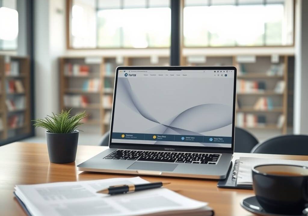 A photorealistic wide shot of a modern, minimalist desk setup with a laptop displaying a clean, abstract interface suggesting career guidance or application portals. On the desk, neatly arranged documents, a coffee cup, a pen, and a small plant. Soft natural lighting from a window, with a blurred background of a university library or corporate office environment. The composition conveys professionalism, preparation, and clarity for students and graduates navigating internships and job applications. 16:9 aspect ratio, no text, no faces.