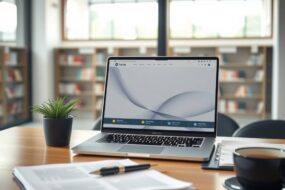 A photorealistic wide shot of a modern, minimalist desk setup with a laptop displaying a clean, abstract interface suggesting career guidance or application portals. On the desk, neatly arranged documents, a coffee cup, a pen, and a small plant. Soft natural lighting from a window, with a blurred background of a university library or corporate office environment. The composition conveys professionalism, preparation, and clarity for students and graduates navigating internships and job applications. 16:9 aspect ratio, no text, no faces.