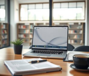 A photorealistic wide shot of a modern, minimalist desk setup with a laptop displaying a clean, abstract interface suggesting career guidance or application portals. On the desk, neatly arranged documents, a coffee cup, a pen, and a small plant. Soft natural lighting from a window, with a blurred background of a university library or corporate office environment. The composition conveys professionalism, preparation, and clarity for students and graduates navigating internships and job applications. 16:9 aspect ratio, no text, no faces.