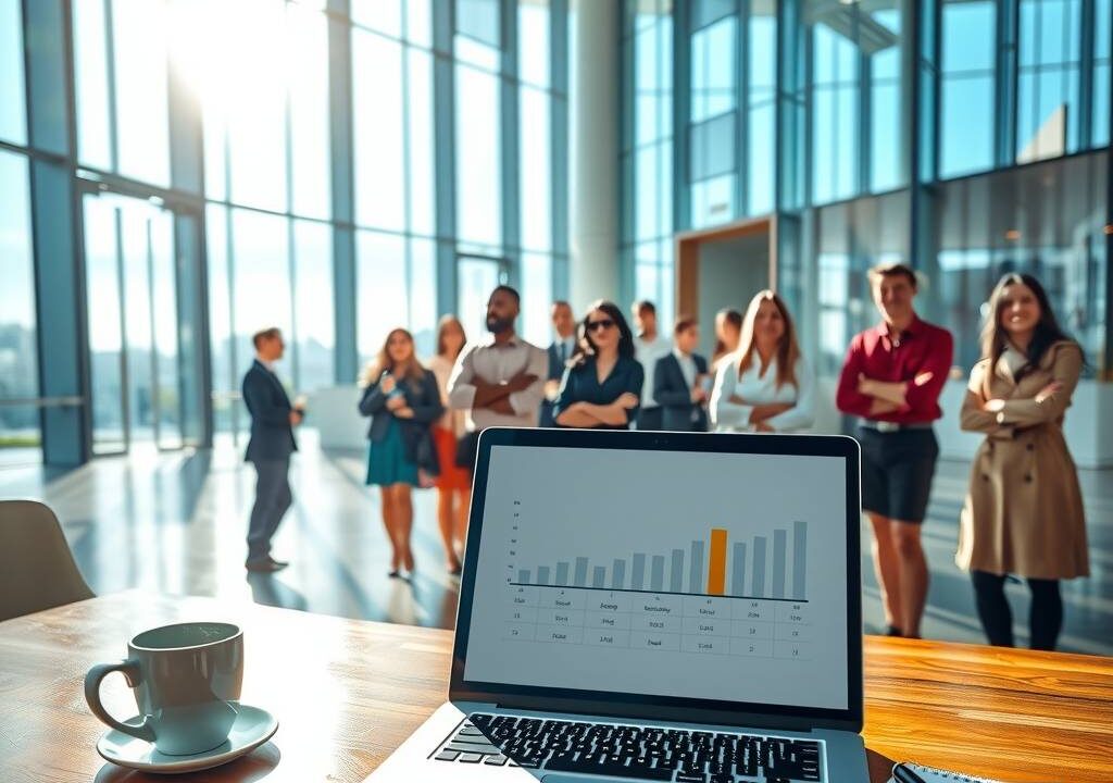 A photorealistic wide shot of a modern glass office building interior, with a diverse group of young students and graduates standing confidently near a bright reception desk. Sunlight streams through large windows. On a polished wooden table in the foreground, an open laptop displays a stylized timeline or salary comparison chart, beside a coffee cup, a notepad, and a pen. The atmosphere is professional and hopeful, with a clear focus on career opportunities and financial fairness. No text, no faces. 16:9 aspect ratio.