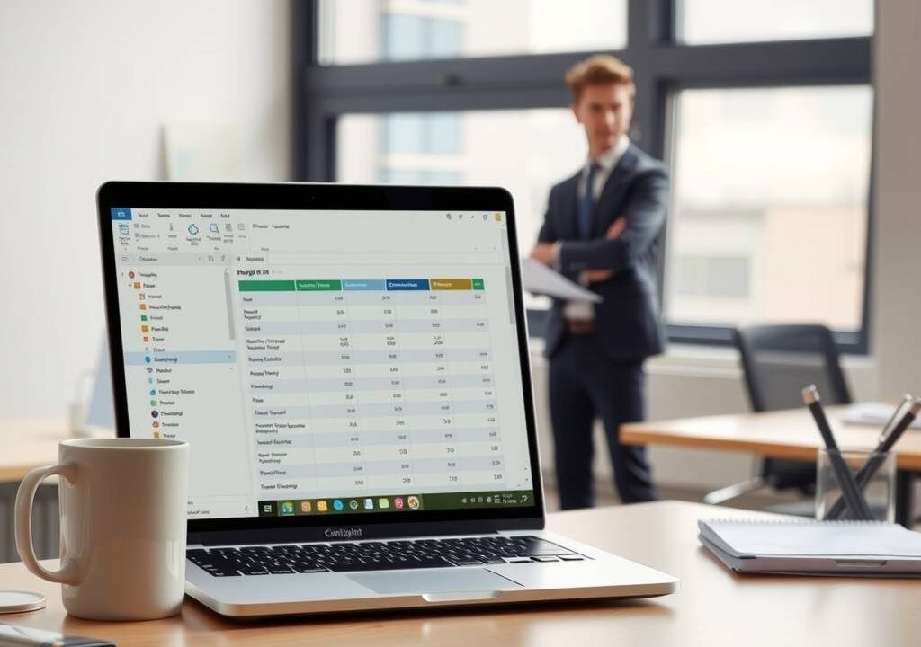 A photorealistic 16:9 image of a minimalistic, modern desk setup with a laptop displaying a clean spreadsheet and a coffee cup beside it. In the background, a blurred office environment with a young professional in a suit standing confidently near a window, holding a document, soft natural lighting, no visible text or faces, subtle career-themed details like a stack of papers and a pen holder, professional and calm atmosphere.