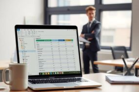 A photorealistic 16:9 image of a minimalistic, modern desk setup with a laptop displaying a clean spreadsheet and a coffee cup beside it. In the background, a blurred office environment with a young professional in a suit standing confidently near a window, holding a document, soft natural lighting, no visible text or faces, subtle career-themed details like a stack of papers and a pen holder, professional and calm atmosphere.