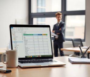 A photorealistic 16:9 image of a minimalistic, modern desk setup with a laptop displaying a clean spreadsheet and a coffee cup beside it. In the background, a blurred office environment with a young professional in a suit standing confidently near a window, holding a document, soft natural lighting, no visible text or faces, subtle career-themed details like a stack of papers and a pen holder, professional and calm atmosphere.