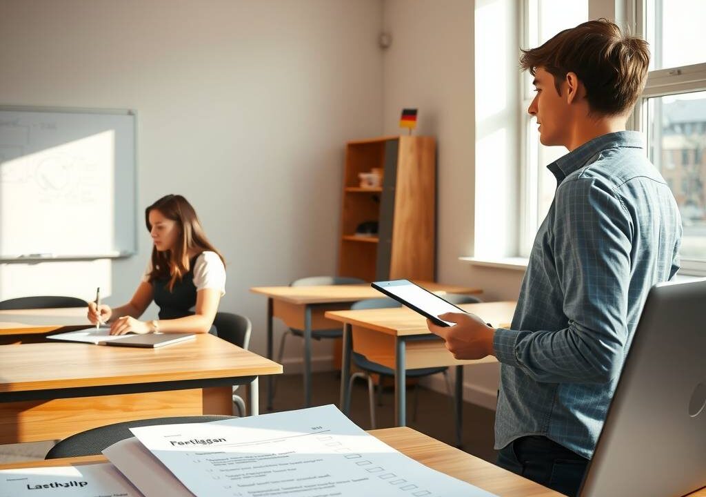 A photorealistic wide shot in 16:9 format showing a modern German vocational school classroom with natural daylight streaming in. On the left, a young woman sits at a desk reviewing documents with a focused expression, a pen in hand. On the right, a young man stands near a window, holding a tablet and looking thoughtfully outside. The room features clean wooden desks, a whiteboard with subtle blurred diagrams, and a small German flag on a shelf. In the foreground, an open laptop displays a digital checklist, and a printed guide lies beside it with a folded corner. No text, no faces, only side or back profiles with soft lighting emphasizing professionalism and determination.