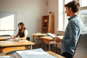 A photorealistic wide shot in 16:9 format showing a modern German vocational school classroom with natural daylight streaming in. On the left, a young woman sits at a desk reviewing documents with a focused expression, a pen in hand. On the right, a young man stands near a window, holding a tablet and looking thoughtfully outside. The room features clean wooden desks, a whiteboard with subtle blurred diagrams, and a small German flag on a shelf. In the foreground, an open laptop displays a digital checklist, and a printed guide lies beside it with a folded corner. No text, no faces, only side or back profiles with soft lighting emphasizing professionalism and determination.