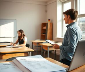 A photorealistic wide shot in 16:9 format showing a modern German vocational school classroom with natural daylight streaming in. On the left, a young woman sits at a desk reviewing documents with a focused expression, a pen in hand. On the right, a young man stands near a window, holding a tablet and looking thoughtfully outside. The room features clean wooden desks, a whiteboard with subtle blurred diagrams, and a small German flag on a shelf. In the foreground, an open laptop displays a digital checklist, and a printed guide lies beside it with a folded corner. No text, no faces, only side or back profiles with soft lighting emphasizing professionalism and determination.