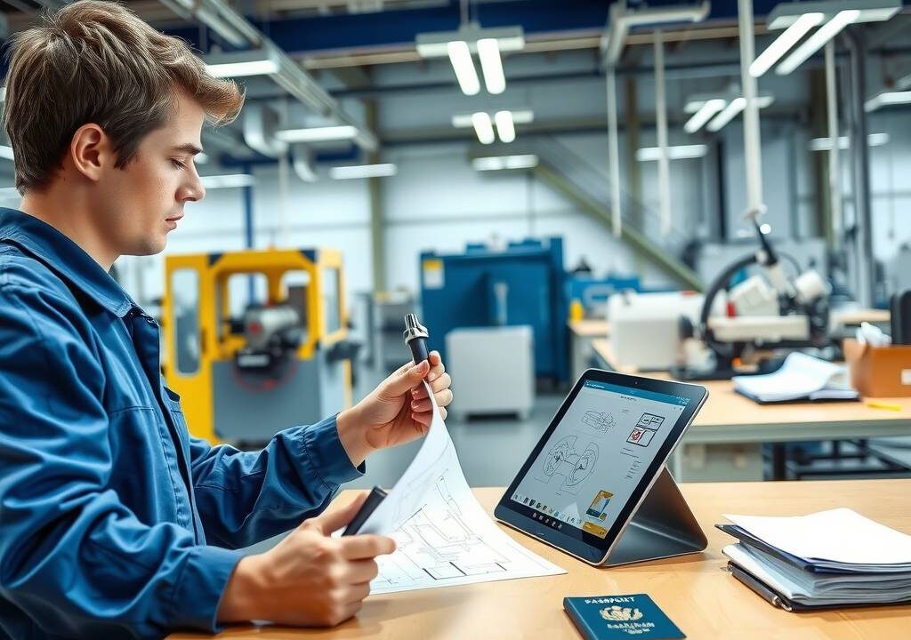 A photorealistic 16:9 image capturing a modern, well-lit German training workshop. A young professional in blue workwear is focused on assembling a precise mechanical component at a clean, organized workstation. Beside them, a tablet displays technical blueprints, symbolizing the fusion of theoretical knowledge and practical skill. In the background, advanced machinery and orderly workbenches are visible, reflecting over 300 recognized professions. A subtle integration of documents and a passport on a nearby desk hints at international accessibility and simplified pathways for skilled workers. The scene is bright, professional, and optimistic, with no visible faces or text.