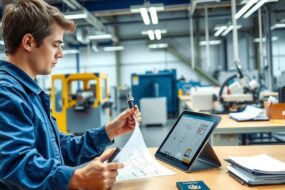 A photorealistic 16:9 image capturing a modern, well-lit German training workshop. A young professional in blue workwear is focused on assembling a precise mechanical component at a clean, organized workstation. Beside them, a tablet displays technical blueprints, symbolizing the fusion of theoretical knowledge and practical skill. In the background, advanced machinery and orderly workbenches are visible, reflecting over 300 recognized professions. A subtle integration of documents and a passport on a nearby desk hints at international accessibility and simplified pathways for skilled workers. The scene is bright, professional, and optimistic, with no visible faces or text.