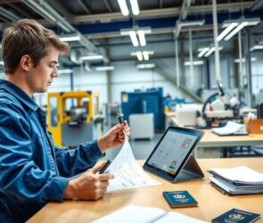 A photorealistic 16:9 image capturing a modern, well-lit German training workshop. A young professional in blue workwear is focused on assembling a precise mechanical component at a clean, organized workstation. Beside them, a tablet displays technical blueprints, symbolizing the fusion of theoretical knowledge and practical skill. In the background, advanced machinery and orderly workbenches are visible, reflecting over 300 recognized professions. A subtle integration of documents and a passport on a nearby desk hints at international accessibility and simplified pathways for skilled workers. The scene is bright, professional, and optimistic, with no visible faces or text.