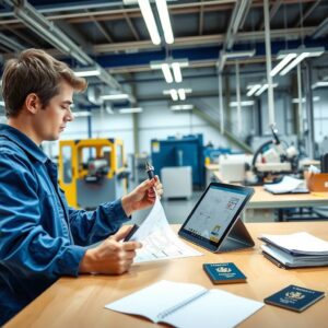 A photorealistic 16:9 image capturing a modern, well-lit German training workshop. A young professional in blue workwear is focused on assembling a precise mechanical component at a clean, organized workstation. Beside them, a tablet displays technical blueprints, symbolizing the fusion of theoretical knowledge and practical skill. In the background, advanced machinery and orderly workbenches are visible, reflecting over 300 recognized professions. A subtle integration of documents and a passport on a nearby desk hints at international accessibility and simplified pathways for skilled workers. The scene is bright, professional, and optimistic, with no visible faces or text.