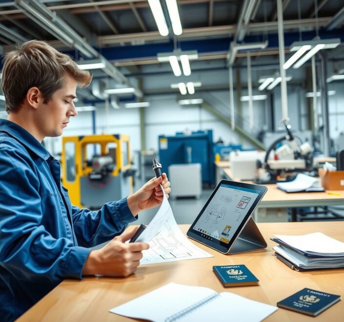A photorealistic 16:9 image capturing a modern, well-lit German training workshop. A young professional in blue workwear is focused on assembling a precise mechanical component at a clean, organized workstation. Beside them, a tablet displays technical blueprints, symbolizing the fusion of theoretical knowledge and practical skill. In the background, advanced machinery and orderly workbenches are visible, reflecting over 300 recognized professions. A subtle integration of documents and a passport on a nearby desk hints at international accessibility and simplified pathways for skilled workers. The scene is bright, professional, and optimistic, with no visible faces or text.