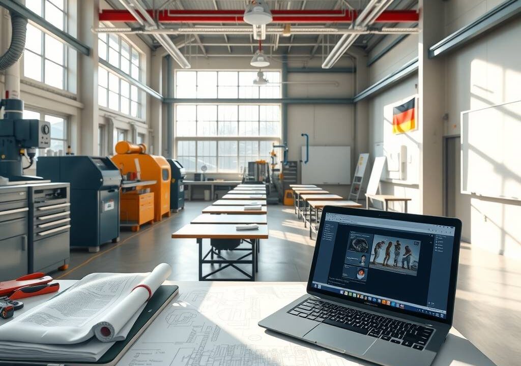 A photorealistic wide-angle shot of a modern German training facility, featuring a bright, spacious workshop with state-of-the-art machinery and tools. In the foreground, a workbench displays blueprints and technical schematics alongside a laptop showing a digital interface. The background transitions to a classroom setting with desks and a whiteboard, symbolizing the dual system. Sunlight streams through large windows, casting soft shadows. The atmosphere is professional, organized, and forward-looking, with subtle German flag colors integrated into the environment. No text or faces appear.