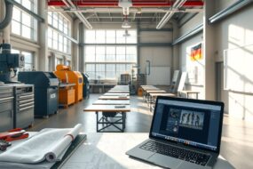 A photorealistic wide-angle shot of a modern German training facility, featuring a bright, spacious workshop with state-of-the-art machinery and tools. In the foreground, a workbench displays blueprints and technical schematics alongside a laptop showing a digital interface. The background transitions to a classroom setting with desks and a whiteboard, symbolizing the dual system. Sunlight streams through large windows, casting soft shadows. The atmosphere is professional, organized, and forward-looking, with subtle German flag colors integrated into the environment. No text or faces appear.