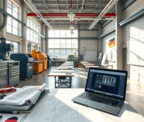 A photorealistic wide-angle shot of a modern German training facility, featuring a bright, spacious workshop with state-of-the-art machinery and tools. In the foreground, a workbench displays blueprints and technical schematics alongside a laptop showing a digital interface. The background transitions to a classroom setting with desks and a whiteboard, symbolizing the dual system. Sunlight streams through large windows, casting soft shadows. The atmosphere is professional, organized, and forward-looking, with subtle German flag colors integrated into the environment. No text or faces appear.