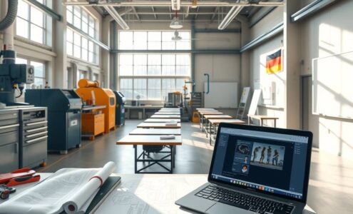 A photorealistic wide-angle shot of a modern German training facility, featuring a bright, spacious workshop with state-of-the-art machinery and tools. In the foreground, a workbench displays blueprints and technical schematics alongside a laptop showing a digital interface. The background transitions to a classroom setting with desks and a whiteboard, symbolizing the dual system. Sunlight streams through large windows, casting soft shadows. The atmosphere is professional, organized, and forward-looking, with subtle German flag colors integrated into the environment. No text or faces appear.