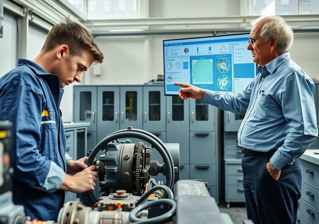 A photorealistic wide shot (16:9) of a modern German workshop or training center. On the left, a young apprentice in blue overalls works attentively on a complex machine, hands-on with tools and mechanical parts. On the right, an older instructor points to a digital screen displaying technical diagrams and charts, blending traditional craftsmanship with modern technology. The setting is bright, clean, and professional, with sunlight streaming through large windows, industrial cabinets, and neatly arranged workstations in the background. No text, no faces visible, focus on the seamless fusion of theory and practice.