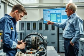 A photorealistic wide shot (16:9) of a modern German workshop or training center. On the left, a young apprentice in blue overalls works attentively on a complex machine, hands-on with tools and mechanical parts. On the right, an older instructor points to a digital screen displaying technical diagrams and charts, blending traditional craftsmanship with modern technology. The setting is bright, clean, and professional, with sunlight streaming through large windows, industrial cabinets, and neatly arranged workstations in the background. No text, no faces visible, focus on the seamless fusion of theory and practice.