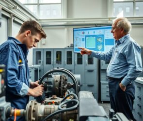 A photorealistic wide shot (16:9) of a modern German workshop or training center. On the left, a young apprentice in blue overalls works attentively on a complex machine, hands-on with tools and mechanical parts. On the right, an older instructor points to a digital screen displaying technical diagrams and charts, blending traditional craftsmanship with modern technology. The setting is bright, clean, and professional, with sunlight streaming through large windows, industrial cabinets, and neatly arranged workstations in the background. No text, no faces visible, focus on the seamless fusion of theory and practice.