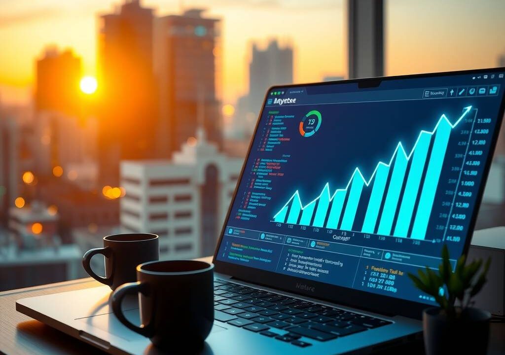 A photorealistic wide shot of a modern tech workspace at golden hour, 16:9 format. A laptop screen displays a futuristic dashboard with abstract code and upward-trending graphs in neon blue and green. Beside the laptop, a coffee cup and a small plant. In the background, a blurred cityscape with glowing office windows. The scene suggests career growth and digital opportunity. No text, no faces.
