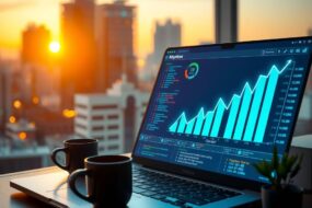 A photorealistic wide shot of a modern tech workspace at golden hour, 16:9 format. A laptop screen displays a futuristic dashboard with abstract code and upward-trending graphs in neon blue and green. Beside the laptop, a coffee cup and a small plant. In the background, a blurred cityscape with glowing office windows. The scene suggests career growth and digital opportunity. No text, no faces.