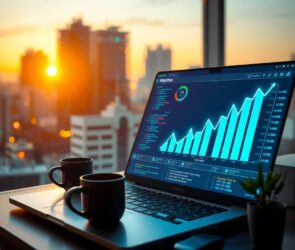 A photorealistic wide shot of a modern tech workspace at golden hour, 16:9 format. A laptop screen displays a futuristic dashboard with abstract code and upward-trending graphs in neon blue and green. Beside the laptop, a coffee cup and a small plant. In the background, a blurred cityscape with glowing office windows. The scene suggests career growth and digital opportunity. No text, no faces.