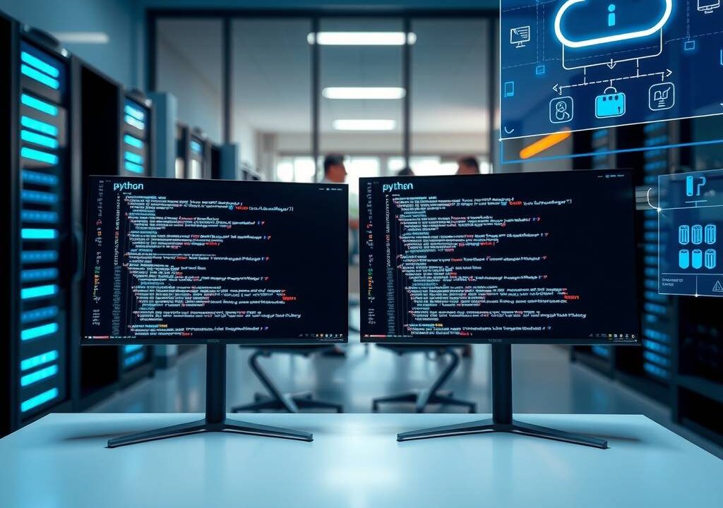 A photorealistic 16:9 image of a modern, high-tech German office interior. In the foreground, a sleek desk with two large monitors displaying lines of Python and JavaScript code, with a blurred background showing a team of developers collaborating near a glass wall. On the right, a subtle visual cue of cloud architecture diagrams on a holographic screen, and on the left, a network server rack with glowing blue LEDs. The lighting is cool and professional, with a focus on clean, minimalist design, and no text or faces visible.