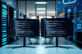 A photorealistic 16:9 image of a modern, high-tech German office interior. In the foreground, a sleek desk with two large monitors displaying lines of Python and JavaScript code, with a blurred background showing a team of developers collaborating near a glass wall. On the right, a subtle visual cue of cloud architecture diagrams on a holographic screen, and on the left, a network server rack with glowing blue LEDs. The lighting is cool and professional, with a focus on clean, minimalist design, and no text or faces visible.