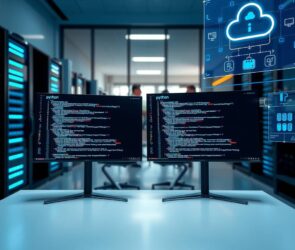 A photorealistic 16:9 image of a modern, high-tech German office interior. In the foreground, a sleek desk with two large monitors displaying lines of Python and JavaScript code, with a blurred background showing a team of developers collaborating near a glass wall. On the right, a subtle visual cue of cloud architecture diagrams on a holographic screen, and on the left, a network server rack with glowing blue LEDs. The lighting is cool and professional, with a focus on clean, minimalist design, and no text or faces visible.