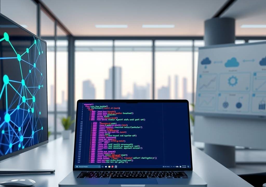 A photorealistic wide shot of a modern, minimalist German office interior, 16:9 aspect ratio. On the left, a sleek monitor displays abstract data flow visuals with interconnected neon blue and green nodes representing AI and cloud architecture. In the center, an open laptop shows a stylized code editor with Python and Go syntax highlighted in vibrant colors, alongside a blurred bar chart suggesting rising salary trends. On the right, a clean whiteboard features diagrams of neural networks and cloud infrastructure symbols. The scene is illuminated by soft, cool overhead lighting, with blurred futuristic cityscapes visible through large windows in the background. No people, no text, no faces. The composition emphasizes technology, growth, and opportunity, with a professional and high-tech atmosphere.