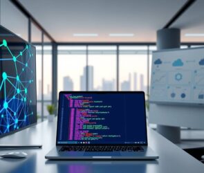 A photorealistic wide shot of a modern, minimalist German office interior, 16:9 aspect ratio. On the left, a sleek monitor displays abstract data flow visuals with interconnected neon blue and green nodes representing AI and cloud architecture. In the center, an open laptop shows a stylized code editor with Python and Go syntax highlighted in vibrant colors, alongside a blurred bar chart suggesting rising salary trends. On the right, a clean whiteboard features diagrams of neural networks and cloud infrastructure symbols. The scene is illuminated by soft, cool overhead lighting, with blurred futuristic cityscapes visible through large windows in the background. No people, no text, no faces. The composition emphasizes technology, growth, and opportunity, with a professional and high-tech atmosphere.