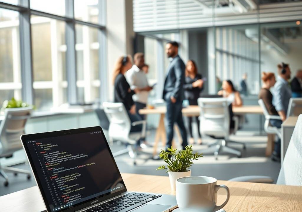 A photorealistic wide shot of a modern, high-tech German office space. Natural light streams through large windows, illuminating a clean, minimalist desk with an open laptop displaying code on a dark screen. A half-empty coffee cup and a small plant sit beside the laptop. In the blurred background, a diverse group of young professionals—some wearing headphones—collaborate in a sleek, open-plan workspace with glass walls and ergonomic chairs. The atmosphere is dynamic, professional, and innovation-driven. No text, no faces visible.