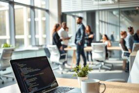 A photorealistic wide shot of a modern, high-tech German office space. Natural light streams through large windows, illuminating a clean, minimalist desk with an open laptop displaying code on a dark screen. A half-empty coffee cup and a small plant sit beside the laptop. In the blurred background, a diverse group of young professionals—some wearing headphones—collaborate in a sleek, open-plan workspace with glass walls and ergonomic chairs. The atmosphere is dynamic, professional, and innovation-driven. No text, no faces visible.