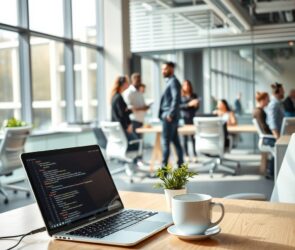 A photorealistic wide shot of a modern, high-tech German office space. Natural light streams through large windows, illuminating a clean, minimalist desk with an open laptop displaying code on a dark screen. A half-empty coffee cup and a small plant sit beside the laptop. In the blurred background, a diverse group of young professionals—some wearing headphones—collaborate in a sleek, open-plan workspace with glass walls and ergonomic chairs. The atmosphere is dynamic, professional, and innovation-driven. No text, no faces visible.