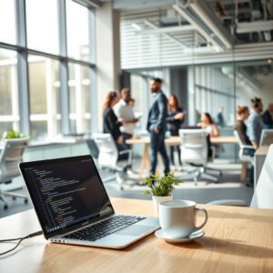 A photorealistic wide shot of a modern, high-tech German office space. Natural light streams through large windows, illuminating a clean, minimalist desk with an open laptop displaying code on a dark screen. A half-empty coffee cup and a small plant sit beside the laptop. In the blurred background, a diverse group of young professionals—some wearing headphones—collaborate in a sleek, open-plan workspace with glass walls and ergonomic chairs. The atmosphere is dynamic, professional, and innovation-driven. No text, no faces visible.