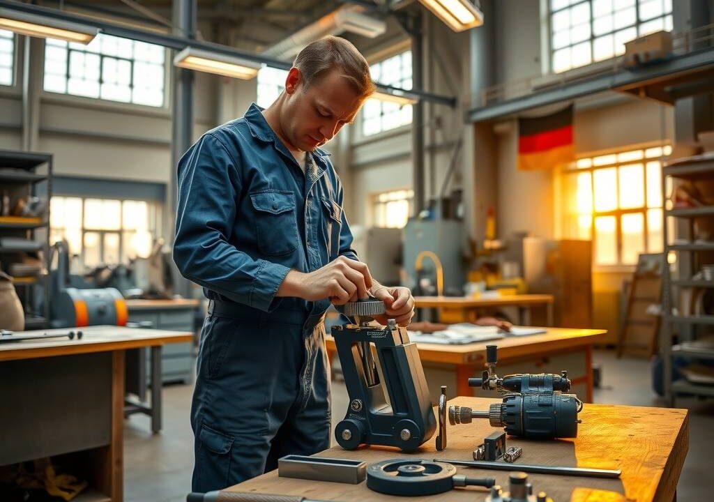 A photorealistic wide shot of a modern German workshop at golden hour, featuring a skilled craftsman in blue overalls adjusting a precision tool on a workbench, with a German flag subtly visible in the background. The scene includes organized metal tools, a wooden worktable, and industrial shelving with equipment, illuminated by warm overhead lights and natural light from large factory windows. The atmosphere is professional and industrious, emphasizing craftsmanship and stability, with no text or faces visible. Aspect ratio 16:9.