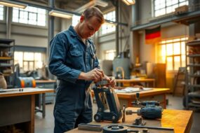 A photorealistic wide shot of a modern German workshop at golden hour, featuring a skilled craftsman in blue overalls adjusting a precision tool on a workbench, with a German flag subtly visible in the background. The scene includes organized metal tools, a wooden worktable, and industrial shelving with equipment, illuminated by warm overhead lights and natural light from large factory windows. The atmosphere is professional and industrious, emphasizing craftsmanship and stability, with no text or faces visible. Aspect ratio 16:9.