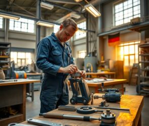 A photorealistic wide shot of a modern German workshop at golden hour, featuring a skilled craftsman in blue overalls adjusting a precision tool on a workbench, with a German flag subtly visible in the background. The scene includes organized metal tools, a wooden worktable, and industrial shelving with equipment, illuminated by warm overhead lights and natural light from large factory windows. The atmosphere is professional and industrious, emphasizing craftsmanship and stability, with no text or faces visible. Aspect ratio 16:9.