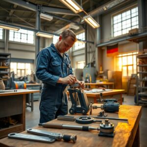 A photorealistic wide shot of a modern German workshop at golden hour, featuring a skilled craftsman in blue overalls adjusting a precision tool on a workbench, with a German flag subtly visible in the background. The scene includes organized metal tools, a wooden worktable, and industrial shelving with equipment, illuminated by warm overhead lights and natural light from large factory windows. The atmosphere is professional and industrious, emphasizing craftsmanship and stability, with no text or faces visible. Aspect ratio 16:9.
