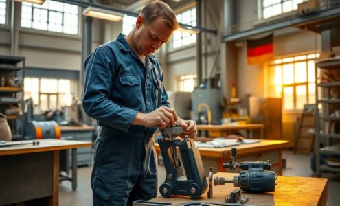 A photorealistic wide shot of a modern German workshop at golden hour, featuring a skilled craftsman in blue overalls adjusting a precision tool on a workbench, with a German flag subtly visible in the background. The scene includes organized metal tools, a wooden worktable, and industrial shelving with equipment, illuminated by warm overhead lights and natural light from large factory windows. The atmosphere is professional and industrious, emphasizing craftsmanship and stability, with no text or faces visible. Aspect ratio 16:9.