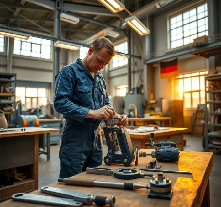 A photorealistic wide shot of a modern German workshop at golden hour, featuring a skilled craftsman in blue overalls adjusting a precision tool on a workbench, with a German flag subtly visible in the background. The scene includes organized metal tools, a wooden worktable, and industrial shelving with equipment, illuminated by warm overhead lights and natural light from large factory windows. The atmosphere is professional and industrious, emphasizing craftsmanship and stability, with no text or faces visible. Aspect ratio 16:9.