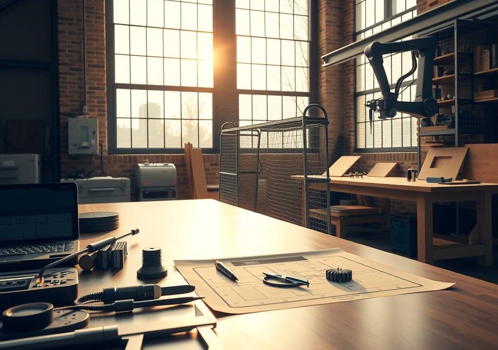 A photorealistic wide-angle shot of a modern German workshop at dawn, with warm golden light streaming through large industrial windows. In the foreground, a pristine workbench holds precision tools—a caliper, a soldering iron, and a blueprint of a mechanical component. To the left, a sleek electrician’s toolkit sits next to a partially assembled mechatronic device, while in the background, a robotic arm operates silently beside a wooden workbench with handcrafted furniture. The atmosphere blends tradition and innovation: exposed brick walls contrast with high-tech equipment, and a subtle haze of fine sawdust floats in the air. No people, no text, no faces—just the essence of craftsmanship and future-ready industry. 16:9 aspect ratio, photorealistic, bright yet moody lighting.