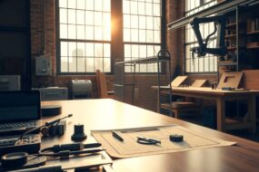 A photorealistic wide-angle shot of a modern German workshop at dawn, with warm golden light streaming through large industrial windows. In the foreground, a pristine workbench holds precision tools—a caliper, a soldering iron, and a blueprint of a mechanical component. To the left, a sleek electrician’s toolkit sits next to a partially assembled mechatronic device, while in the background, a robotic arm operates silently beside a wooden workbench with handcrafted furniture. The atmosphere blends tradition and innovation: exposed brick walls contrast with high-tech equipment, and a subtle haze of fine sawdust floats in the air. No people, no text, no faces—just the essence of craftsmanship and future-ready industry. 16:9 aspect ratio, photorealistic, bright yet moody lighting.