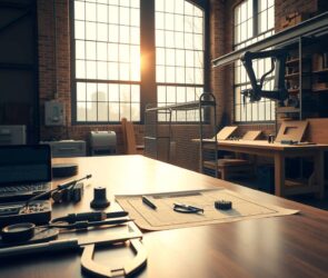 A photorealistic wide-angle shot of a modern German workshop at dawn, with warm golden light streaming through large industrial windows. In the foreground, a pristine workbench holds precision tools—a caliper, a soldering iron, and a blueprint of a mechanical component. To the left, a sleek electrician’s toolkit sits next to a partially assembled mechatronic device, while in the background, a robotic arm operates silently beside a wooden workbench with handcrafted furniture. The atmosphere blends tradition and innovation: exposed brick walls contrast with high-tech equipment, and a subtle haze of fine sawdust floats in the air. No people, no text, no faces—just the essence of craftsmanship and future-ready industry. 16:9 aspect ratio, photorealistic, bright yet moody lighting.