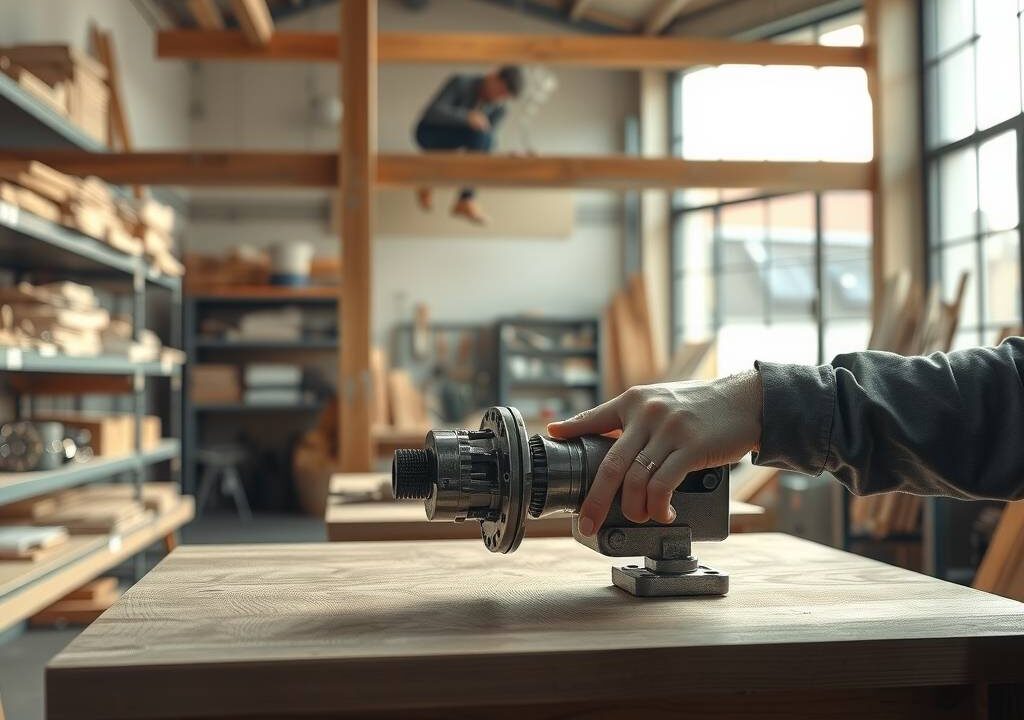 A photorealistic wide-angle shot (16:9) of a modern German workshop interior, flooded with natural light from large industrial windows. In the foreground, a skilled craftsperson's hands are visible, precisely adjusting a complex metal component on a clean wooden workbench. The background shows organized shelves filled with tools and raw materials, with a subtle blur of a colleague working on a wooden beam. The atmosphere is professional and quiet, emphasizing precision, stability, and craftsmanship. No faces, no text. High contrast, warm wood tones mixed with cool steel.