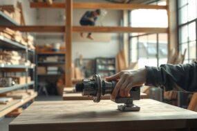 A photorealistic wide-angle shot (16:9) of a modern German workshop interior, flooded with natural light from large industrial windows. In the foreground, a skilled craftsperson's hands are visible, precisely adjusting a complex metal component on a clean wooden workbench. The background shows organized shelves filled with tools and raw materials, with a subtle blur of a colleague working on a wooden beam. The atmosphere is professional and quiet, emphasizing precision, stability, and craftsmanship. No faces, no text. High contrast, warm wood tones mixed with cool steel.